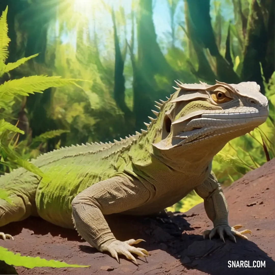 A large lizard basks in the warm sunlight on a sunlit rock, with a backdrop of delicate ferns and vibrant greenery, enjoying the peaceful solitude of its natural habitat.