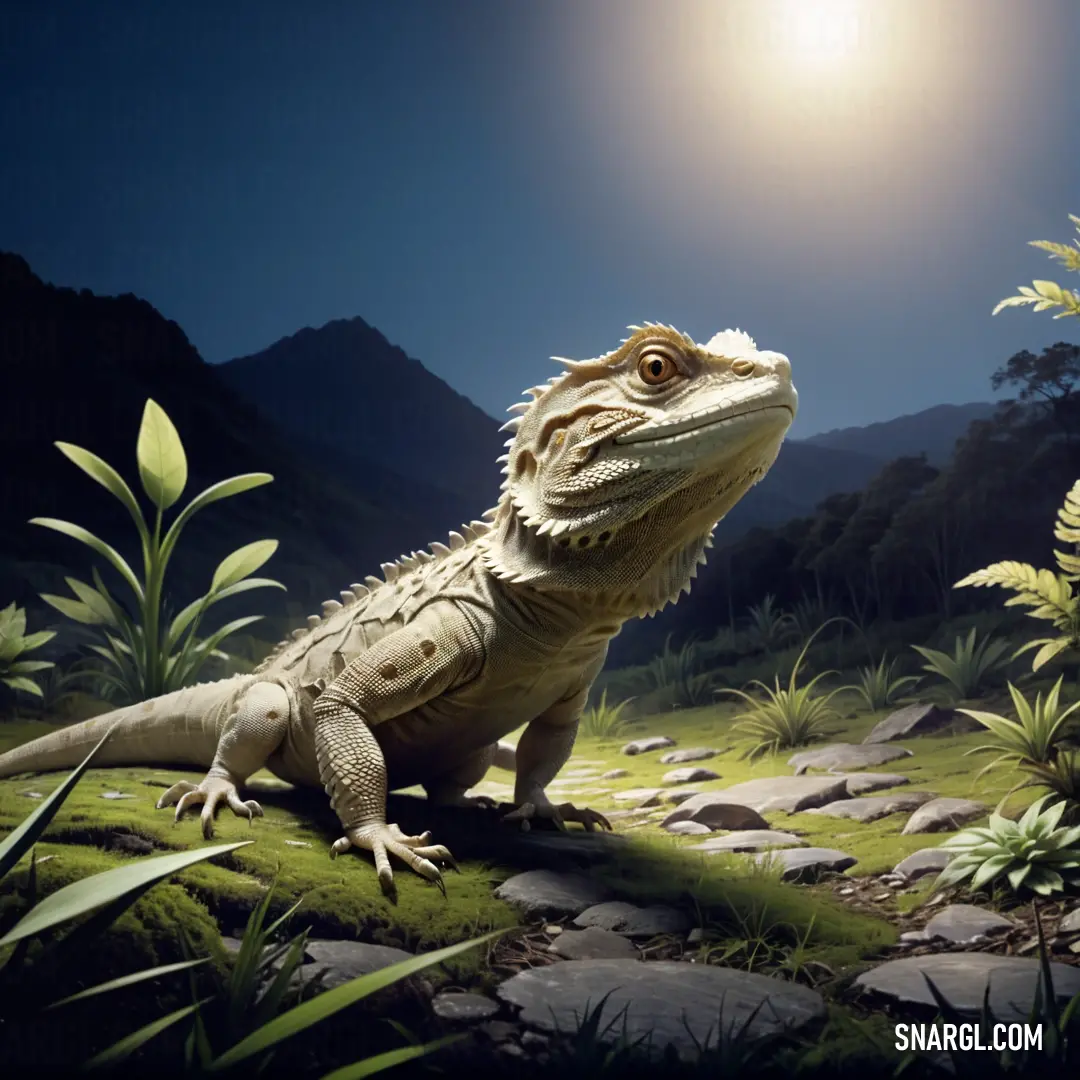A large lizard on a green field, surrounded by trees and bushes in a vibrant, natural setting. A large lizard rests on a lush green field, with a forest of trees and bushes surrounding the area. The bright, sunny environment highlights the lizard’s textured skin as it blends into the natural landscape.