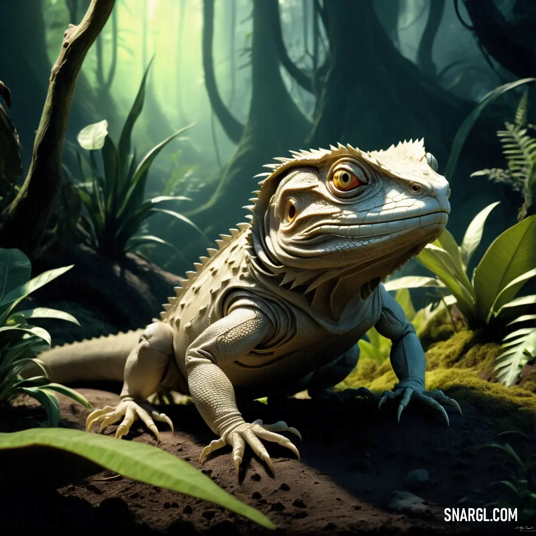A lizard resting on a rock in a forest, with vibrant plants and trees filling the peaceful environment. A lizard perches on a rock in a lush forest, surrounded by plants and tall trees. The environment is calm and serene, with nature's vibrant colors enhancing the lizard's presence in this tranquil setting.