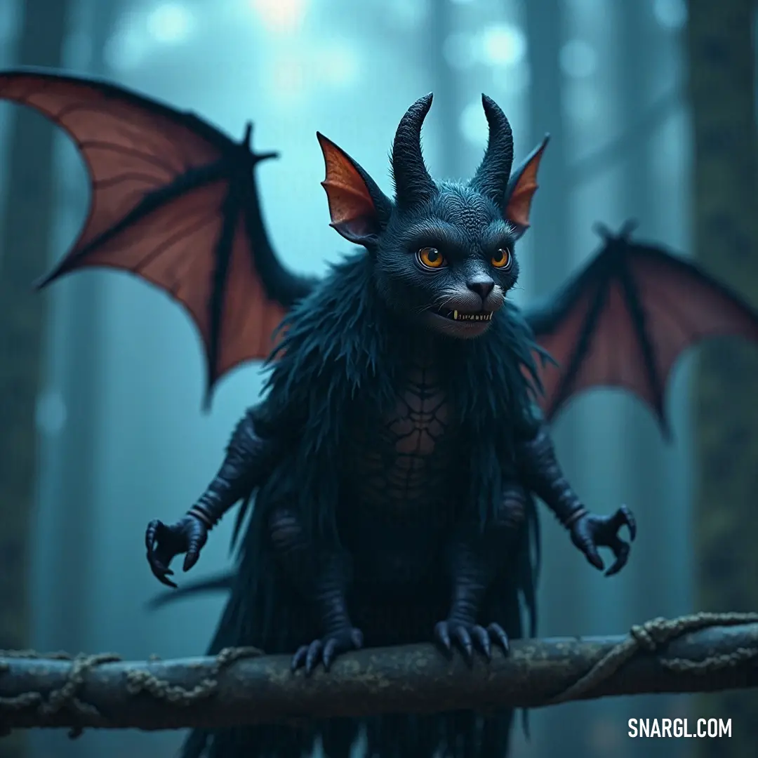 The enchanting Tuffet, a dragon-like creature, quietly observes its surroundings in a fog-laden forest. In a mystical forest blanketed by fog, a creature resembling a dragon rests on a rope, its striking orange eyes glinting with curiosity, surrounded by towering, ancient trees.