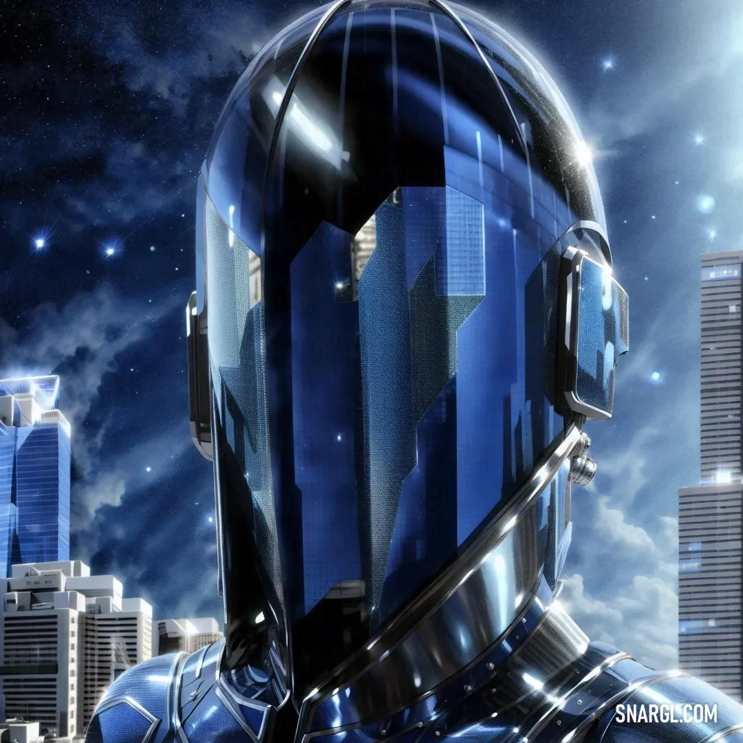 Futuristic man in a futuristic city with skyscrapers in the background and a blue sky