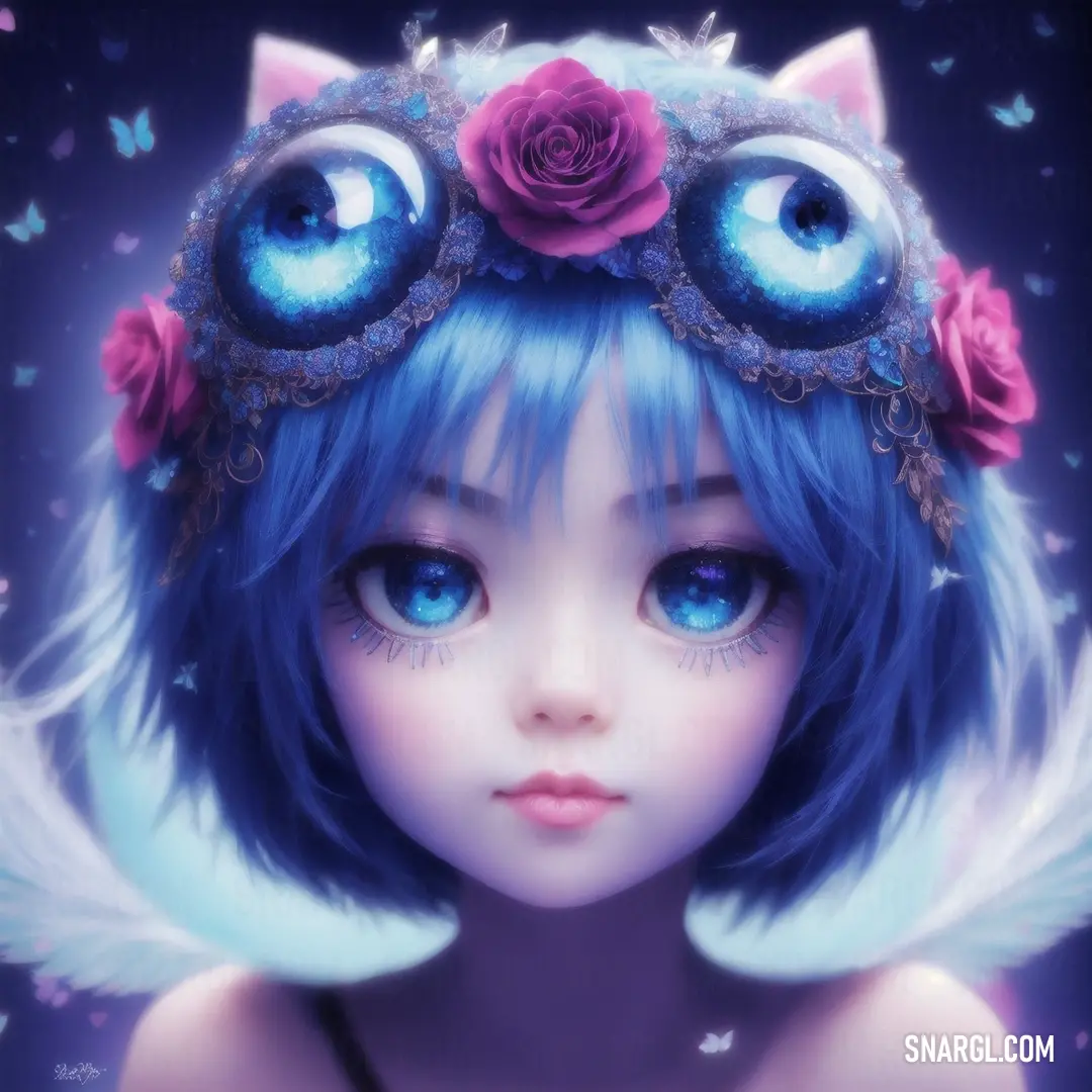 Girl with blue hair and a cat ears with eyes and a rose on her head with a butterfly on her forehead