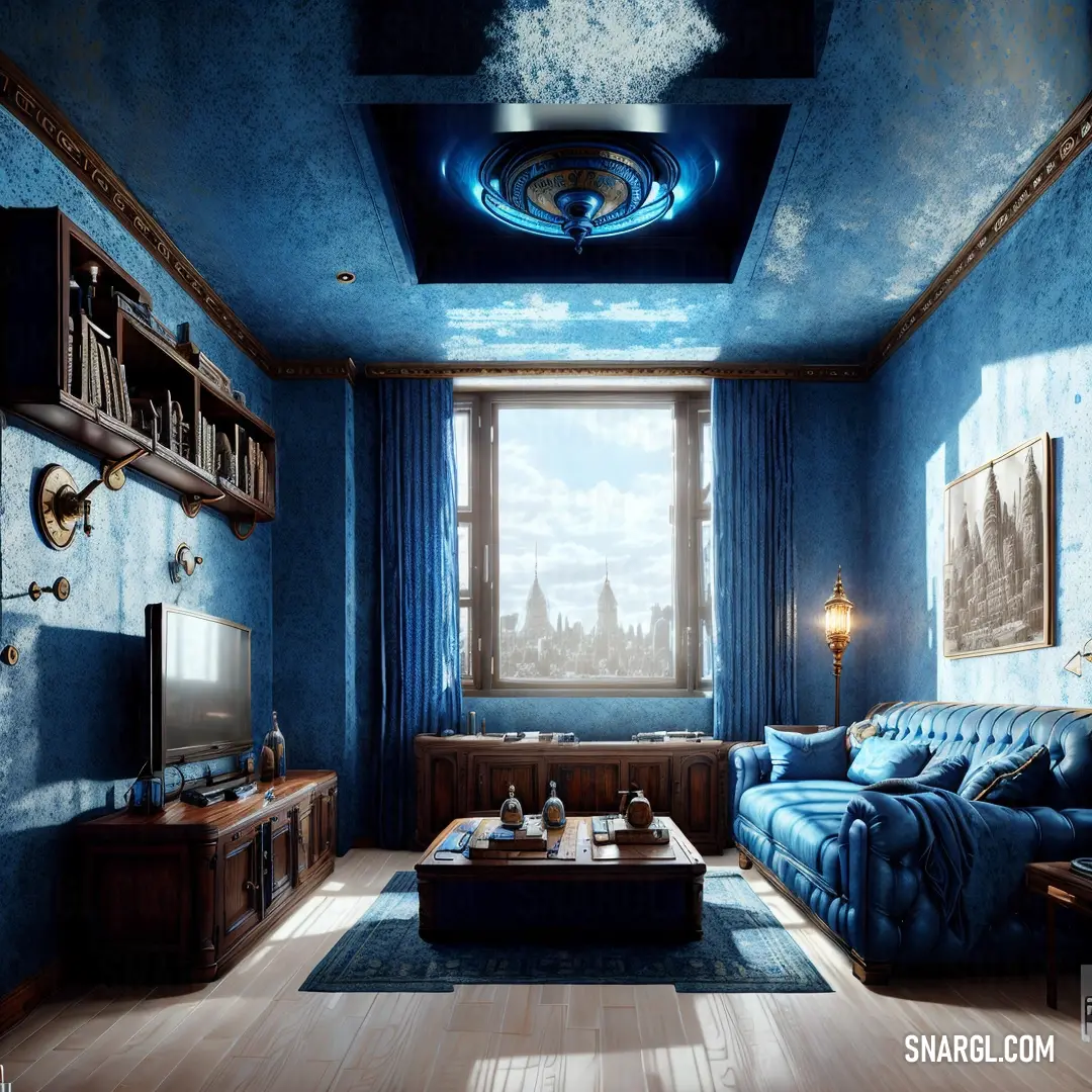 Living room with blue walls and a blue ceiling and a blue couch and coffee table in the middle