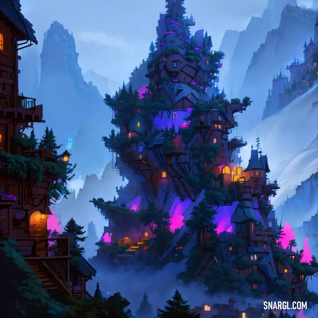 Painting of a mountain town with a lot of trees and lights on it's sides