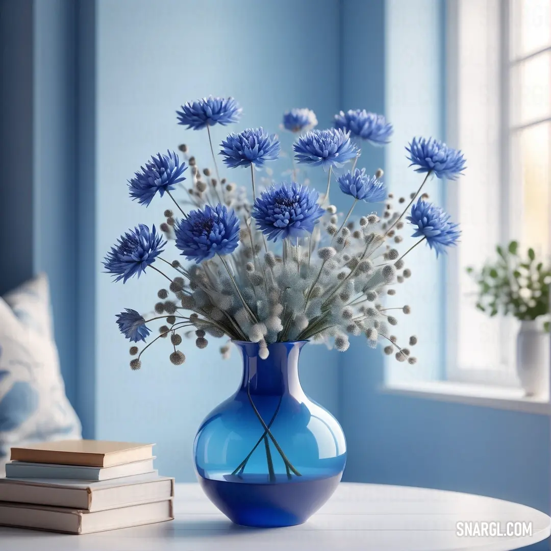 Blue vase with white flowers on a table next to a book and a window with blue walls. Color #417DC1.