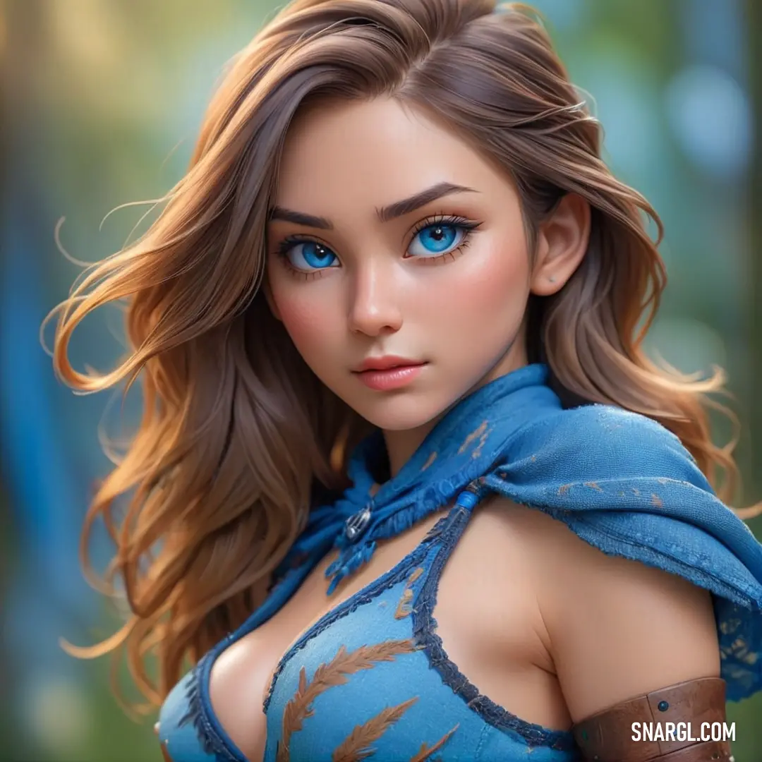 Close up of a doll with blue eyes and a blue shirt on her shoulders and a brown belt around her neck. Color Tufts Blue.