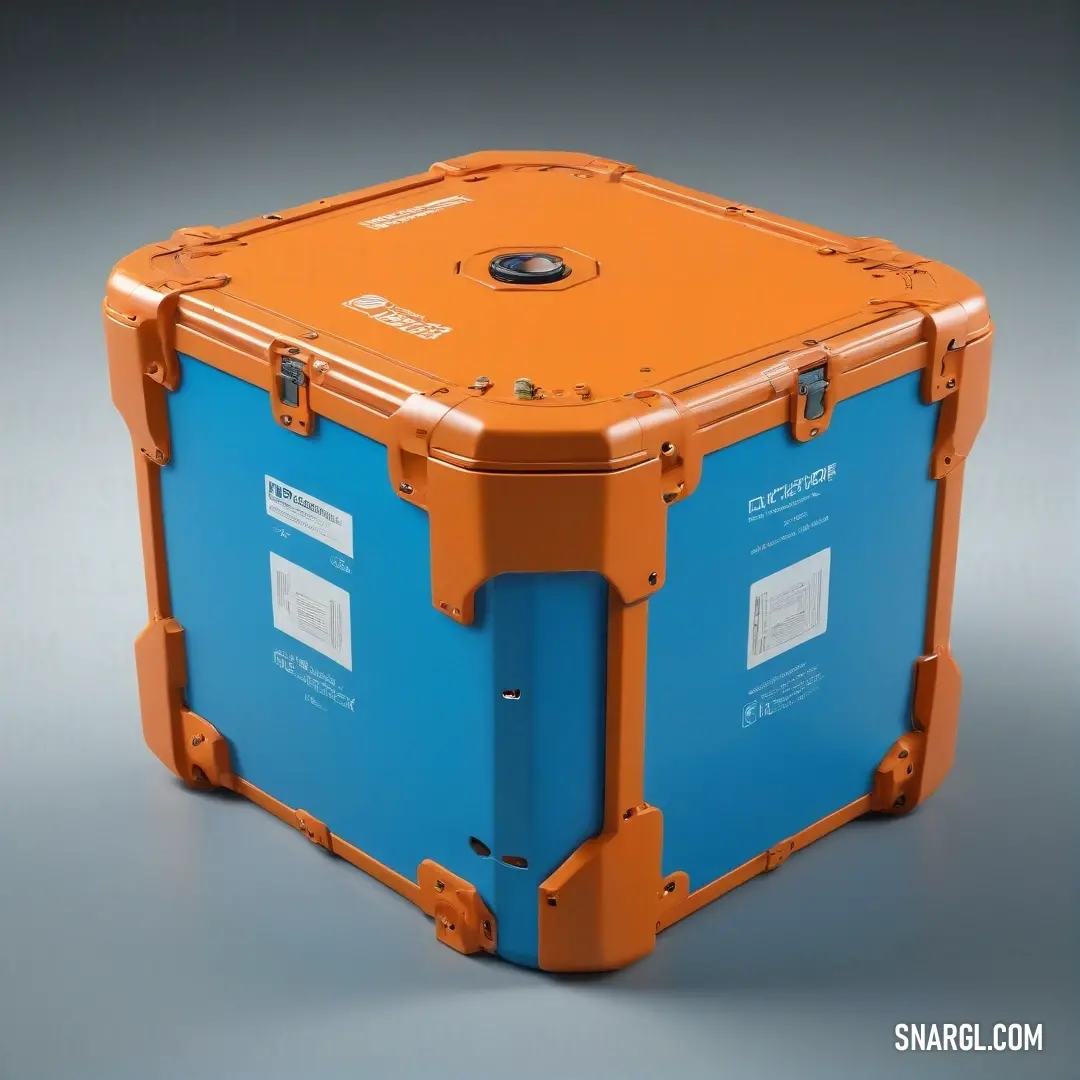 Large blue and orange box with a lid on it's side and a black and white background. Color CMYK 66,35,0,24.