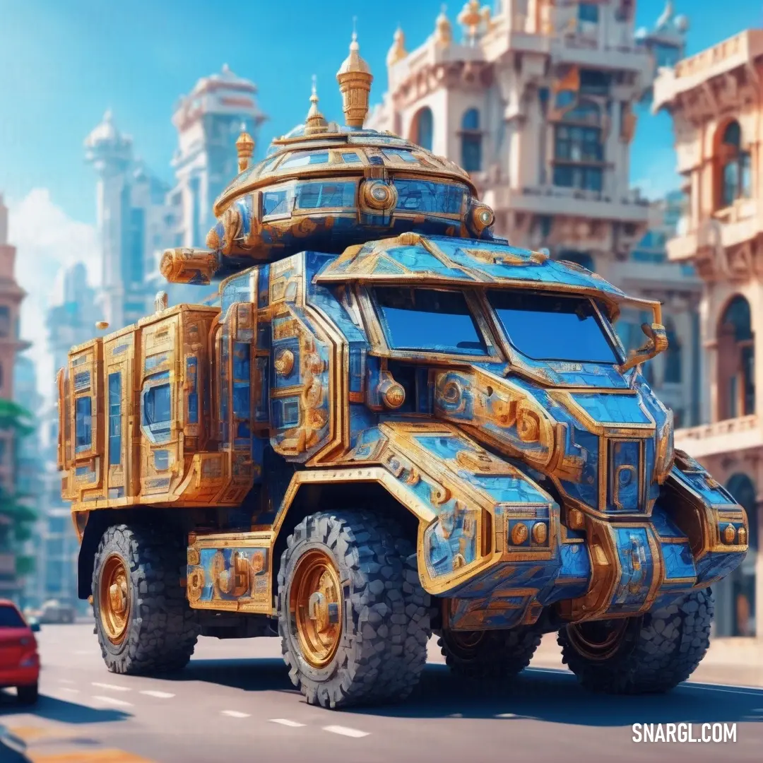 Large vehicle is driving down the street in a cartoon style, with a city in the background. Color Tufts Blue.