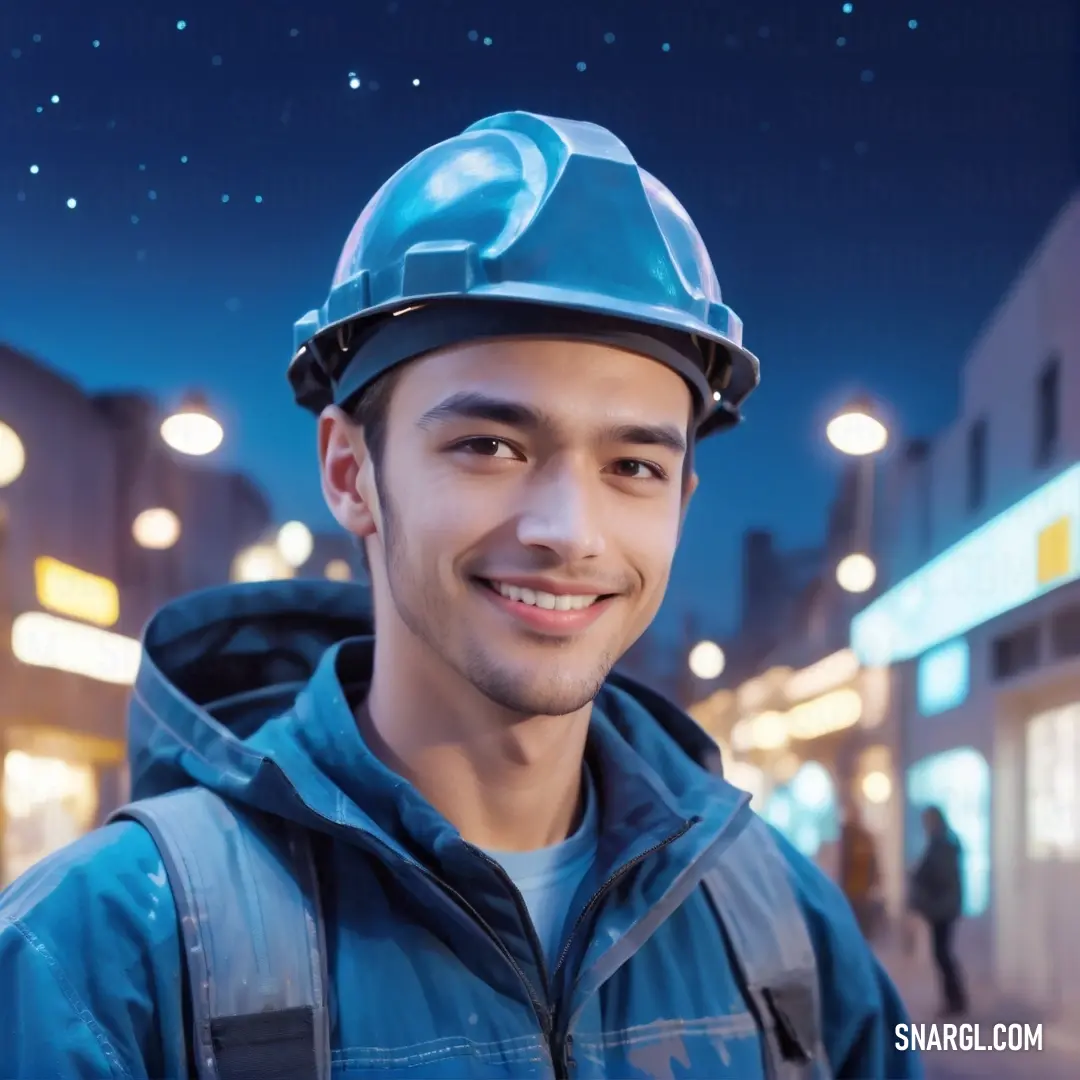 Man wearing a hard hat and a backpack on a street at night with a star in the sky. Color #417DC1.
