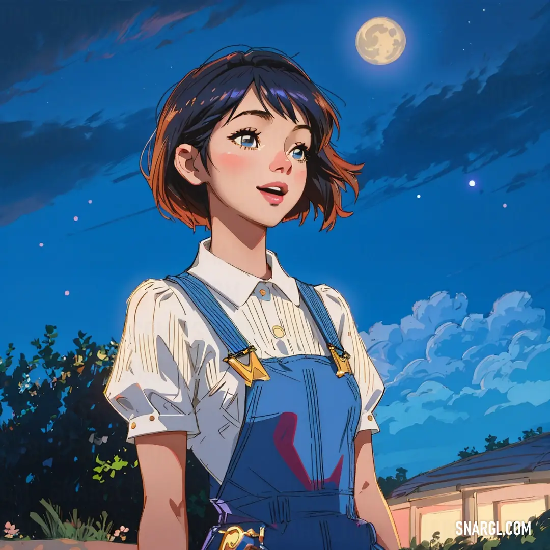 Woman in overalls standing in front of a building at night with a full moon in the background. Example of Tufts Blue color.