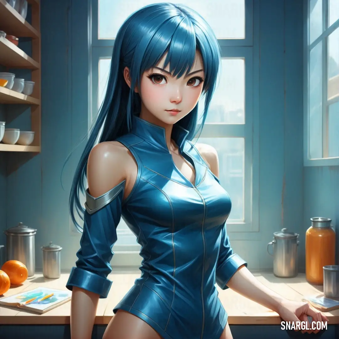 Woman in a blue leather outfit standing in a kitchen next to a window with a pane of fruit. Example of Tufts Blue color.