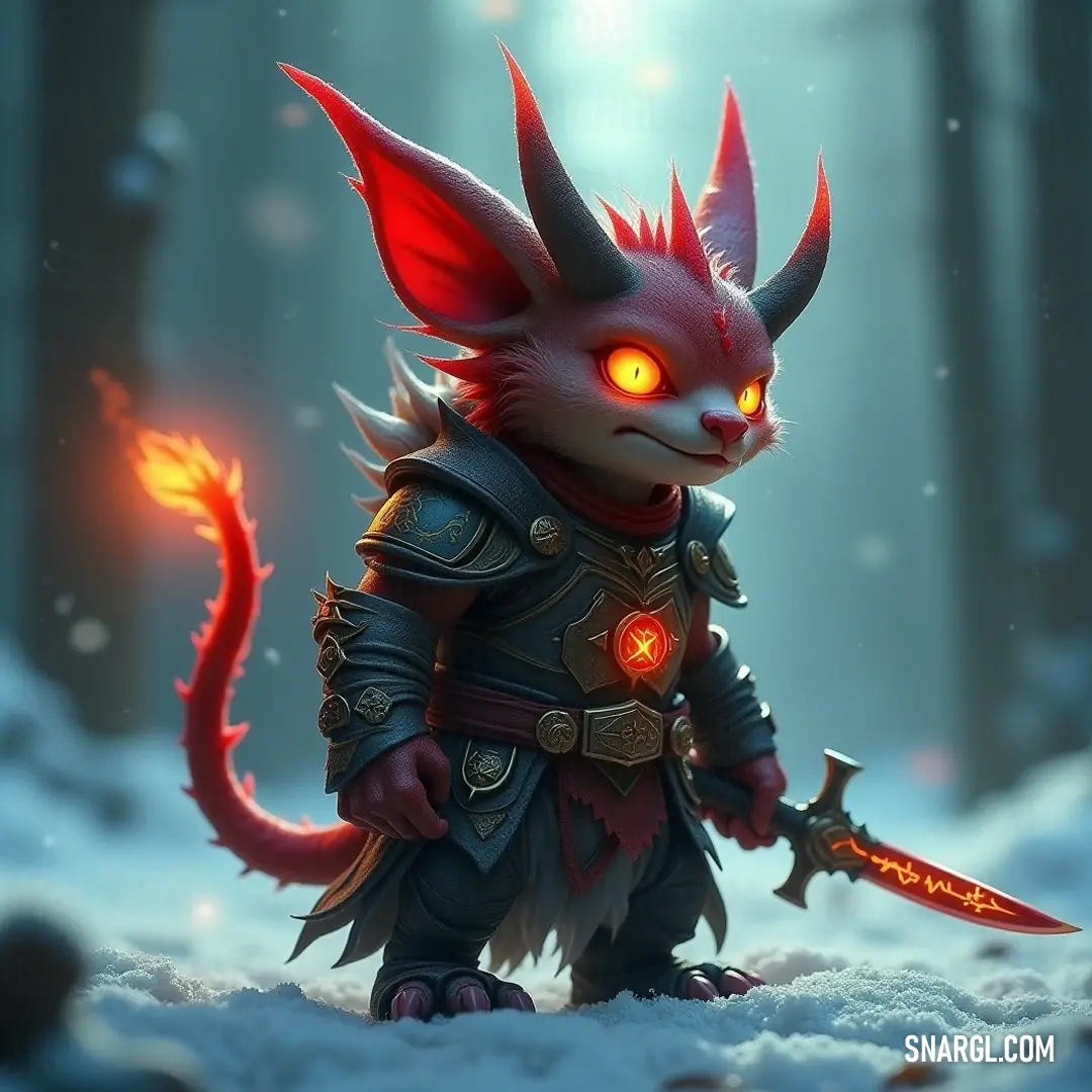 This bold red Tumble figure, with its piercing glowing eyes and sword at the ready, captures a moment of serene bravery as it navigates the challenges of a snowy world. A striking red Tumble figure, with glowing eyes, stands poised in a snowy landscape, gripping a sword, exuding an aura of strength and determination amidst the icy surroundings.