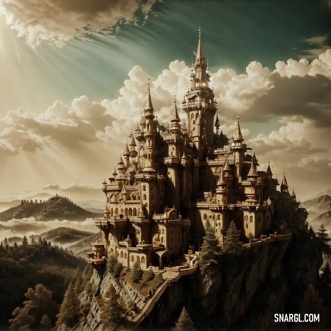 Castle on a hill with a sky background and clouds above it and a sunbeam in the sky