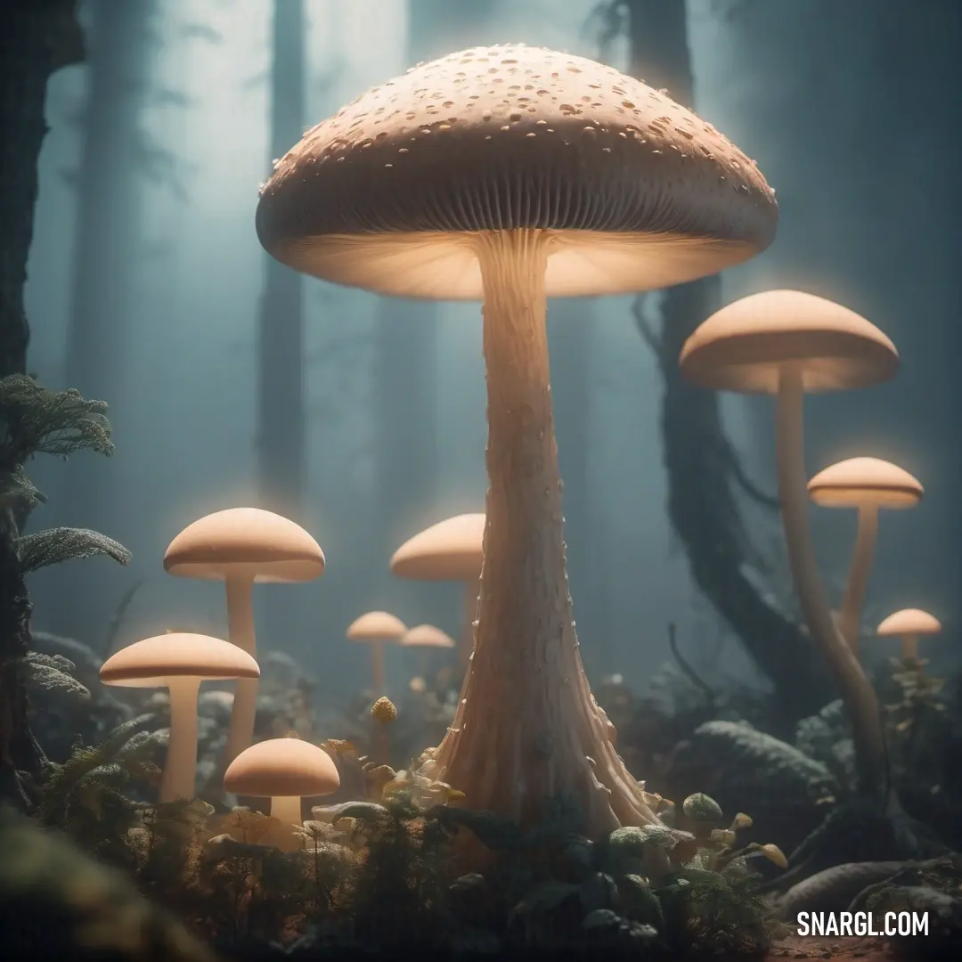 Tumbleweed color. Group of mushrooms in a forest with fog and light coming from them