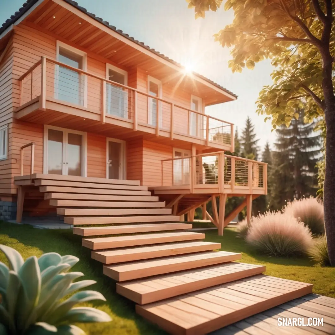 House with a deck and steps leading to it in the grass and trees in the background with the sun shining on the house