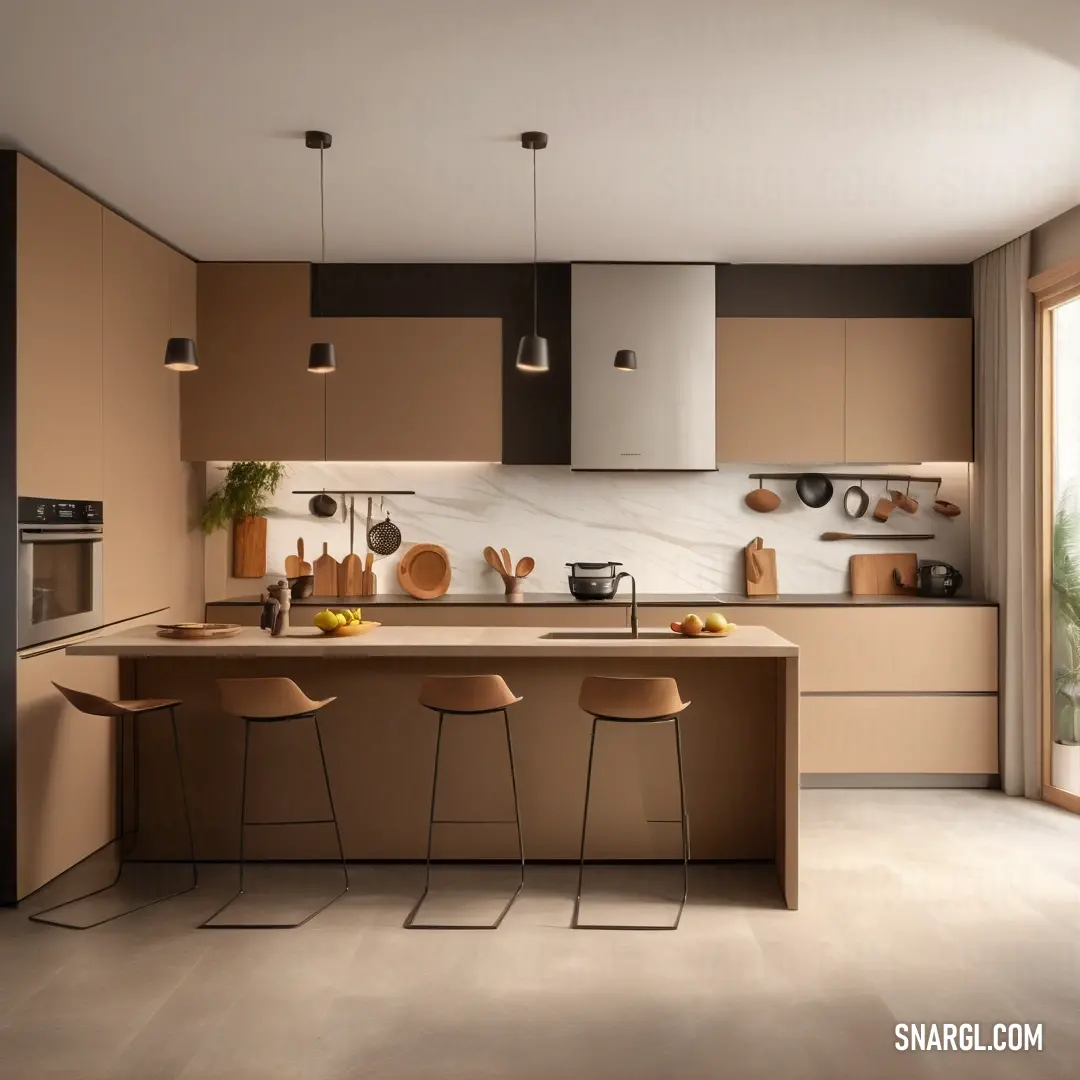 Kitchen with a center island and a counter top with stools next to it and a window with a view. Color Tumbleweed.