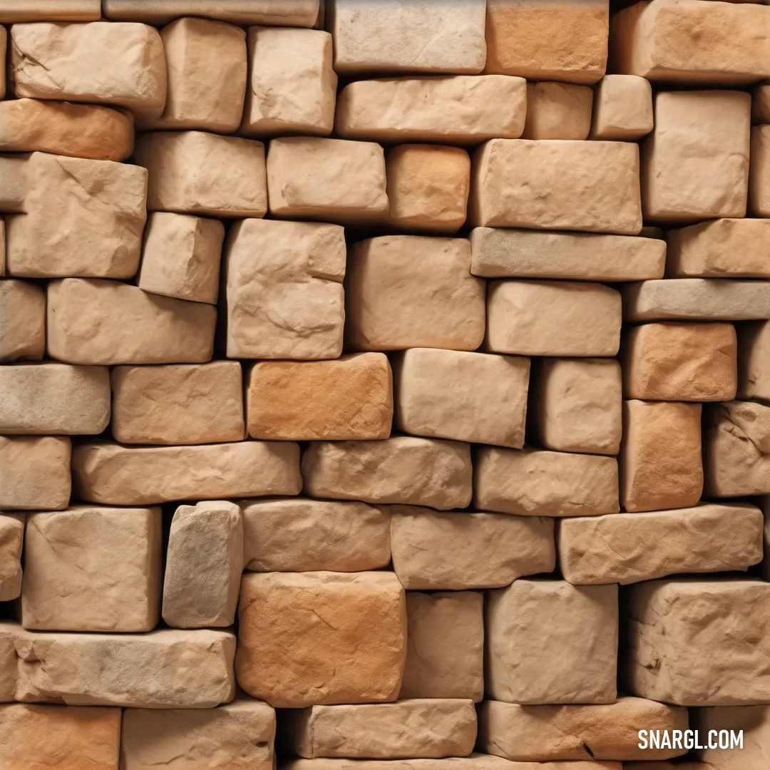 Large pile of rocks next to each other on a wall of bricks with a blue frame above it. Example of CMYK 0,23,39,13 color.