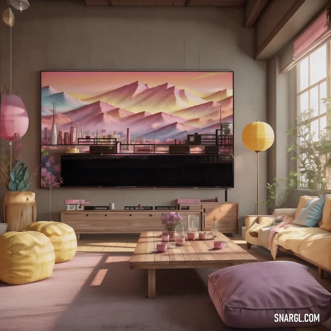 Living room with a large painting on the wall and a couch and coffee table in front of it. Example of #DEAA88 color.