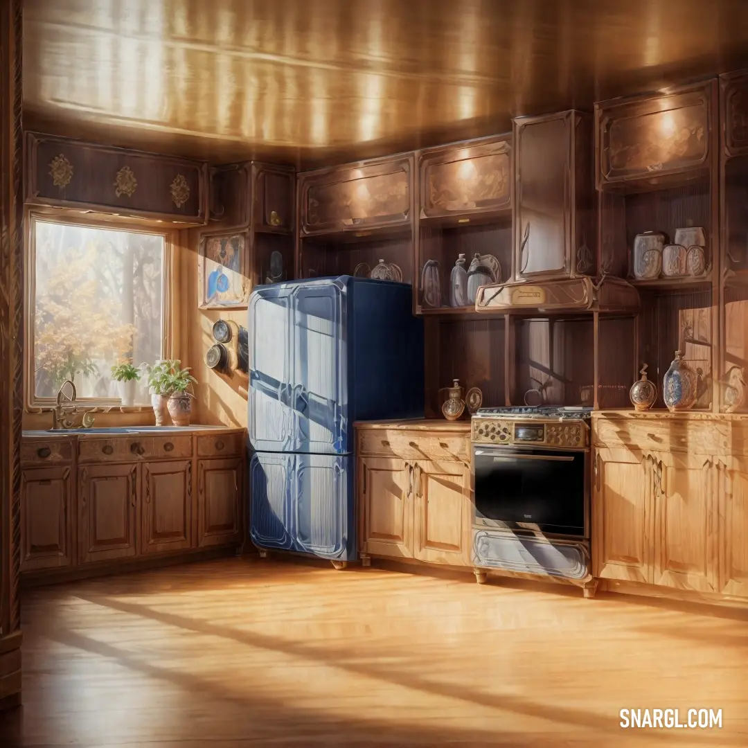 Painting of a kitchen with a refrigerator and a stove in it's center island and cabinets in the back