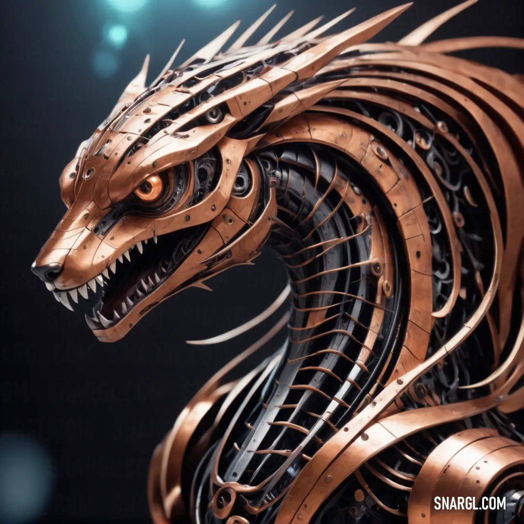 Dragon statue made out of metal and copper parts on a black background. Example of RGB 222,170,136 color.