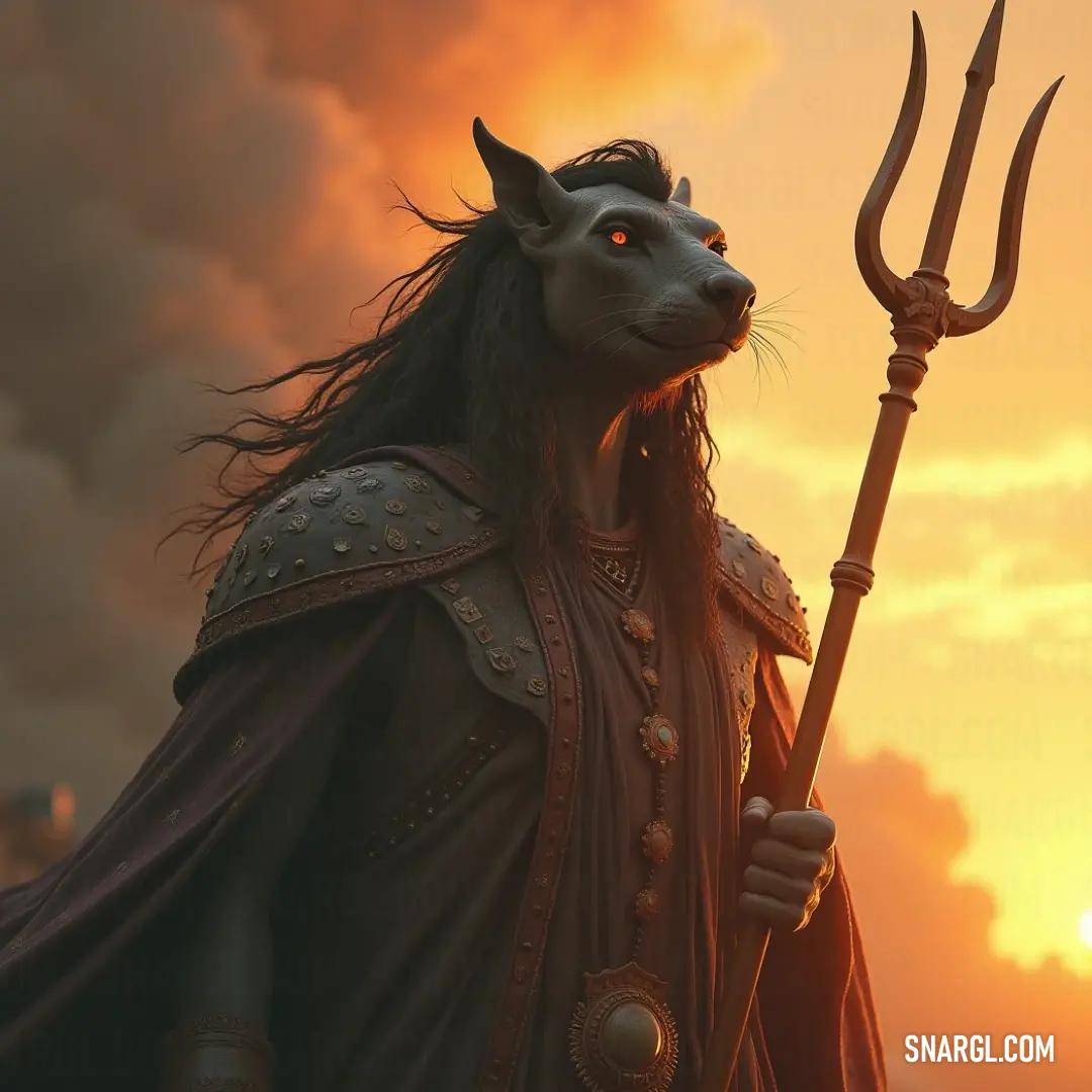 A charming dog in costume, brandishing sceptre and staff under a vivid sunset sky. A playful dog in a whimsical costume, confidently holding a decorative sceptre and a staff, poised against a breathtaking sunset sky that paints the world in hues of orange and pink.