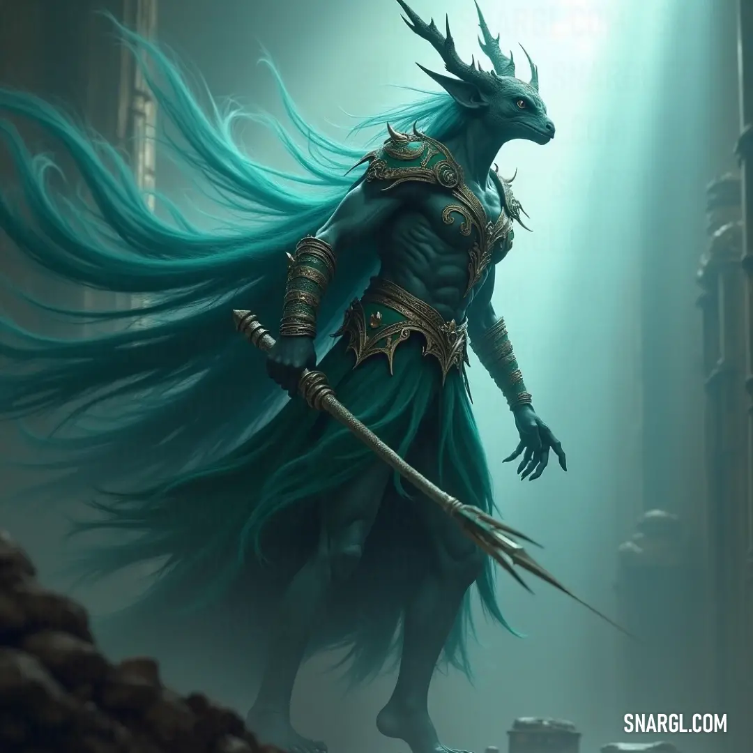 Turen, the green-haired warrior, ready for action in a shadowy setting. Turen, sporting vibrant green hair and a striking horned head, commands attention as he grips a sword in a dimly lit room. The atmospheric darkness illuminates the fierce expression on his face, showcasing his readiness for battle.