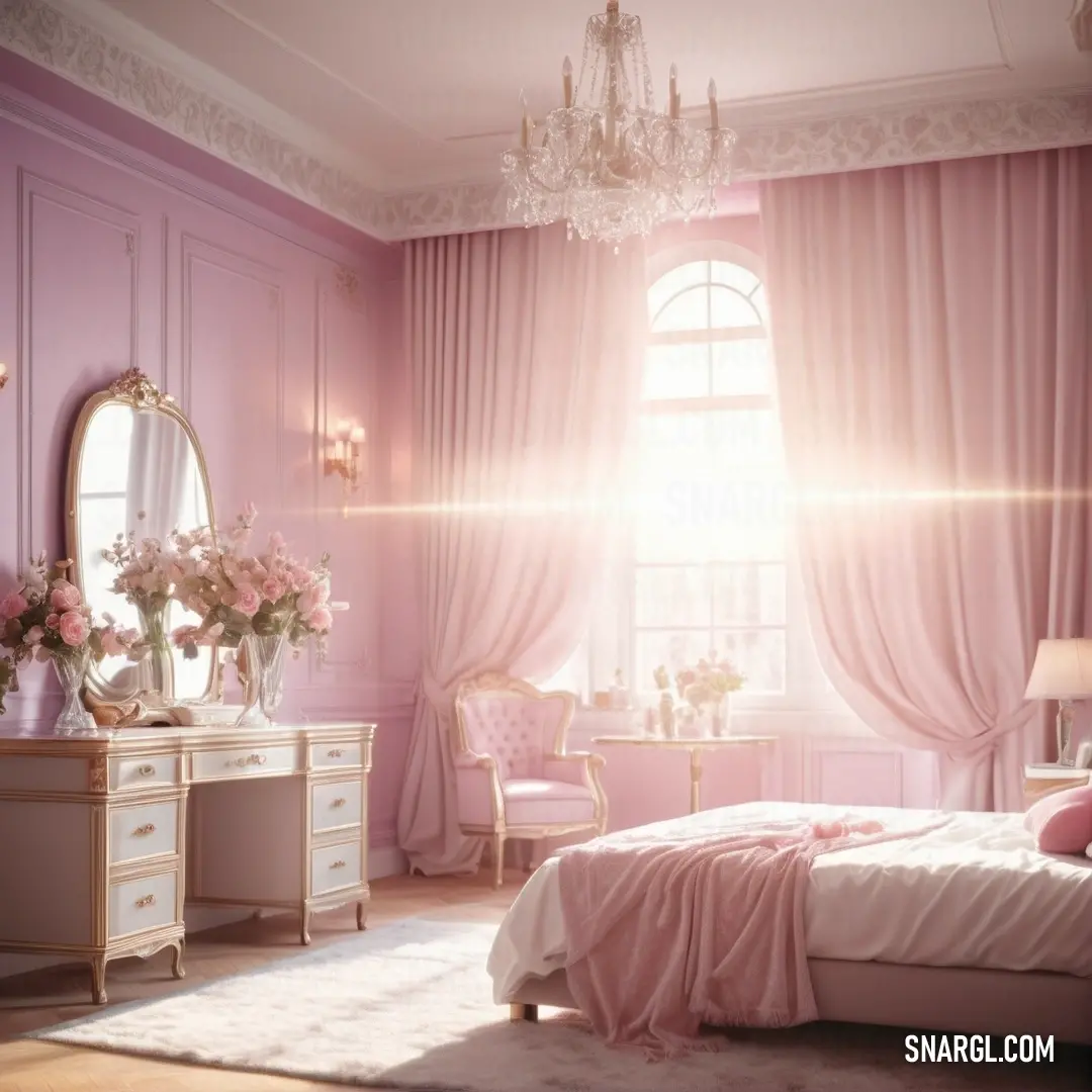 Bedroom with a pink wall and a chandelier hanging from the ceiling and a bed. Example of #B57281 color.