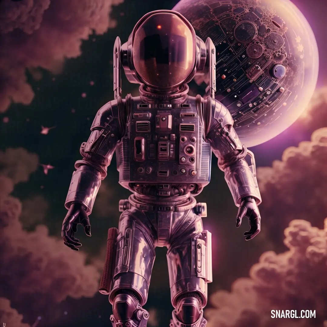 Robot standing in front of a planet in the sky with clouds and stars in the background