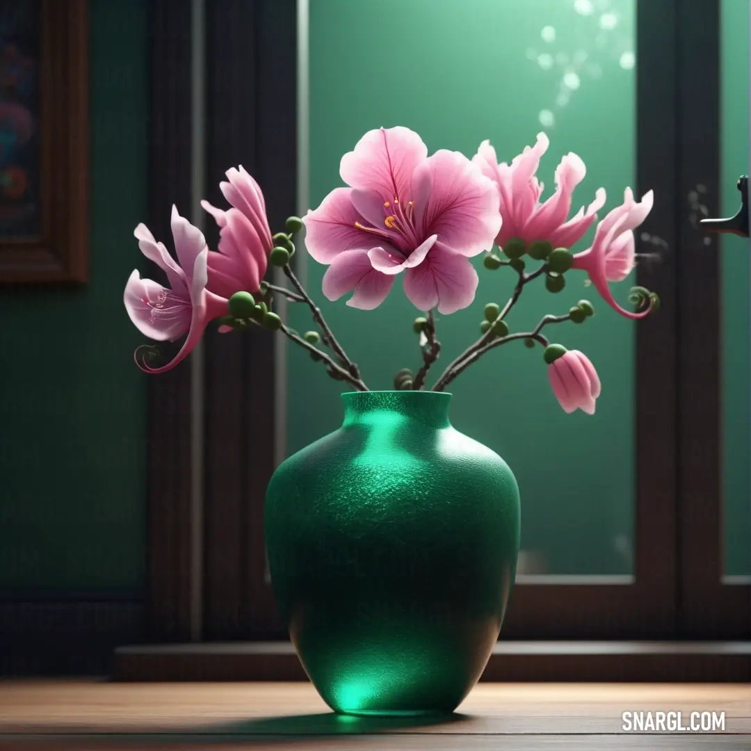 Green vase with pink flowers in it on a table next to a window with a green wall. Color CMYK 0,37,29,29.