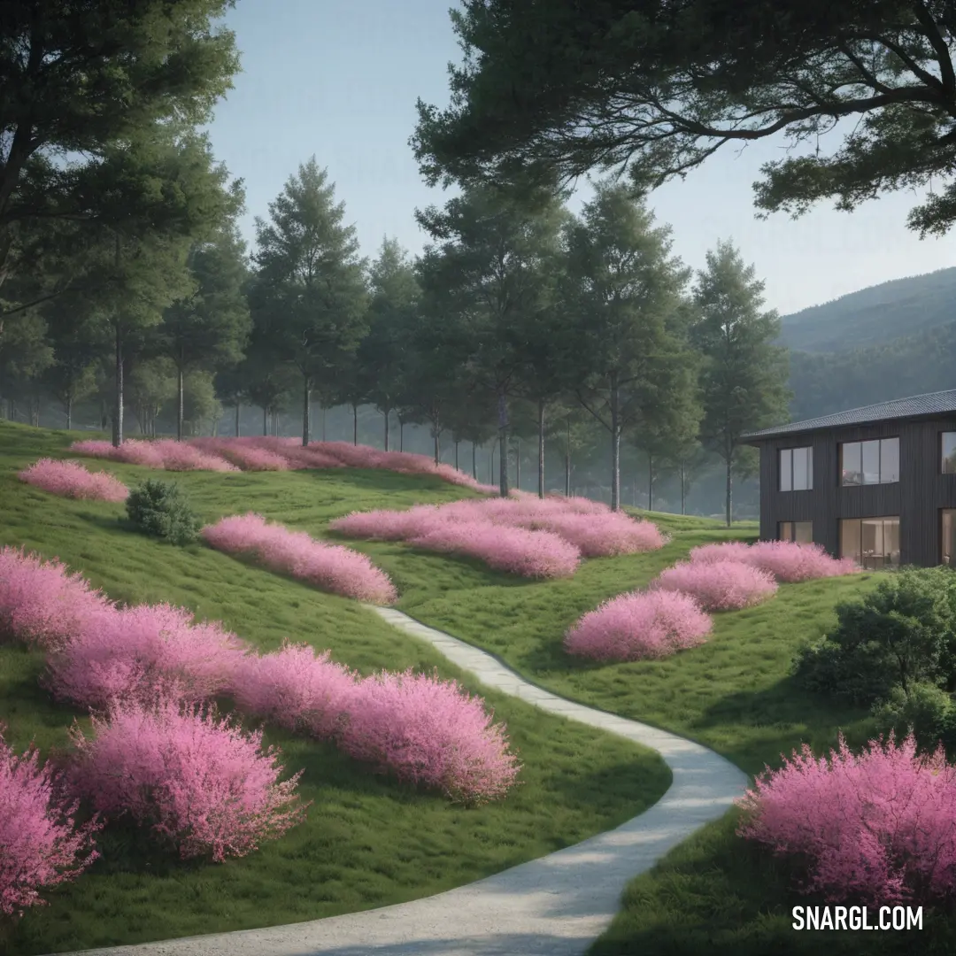 House on a hill with a path leading to it and pink flowers on the ground and trees around it. Example of #B57281 color.