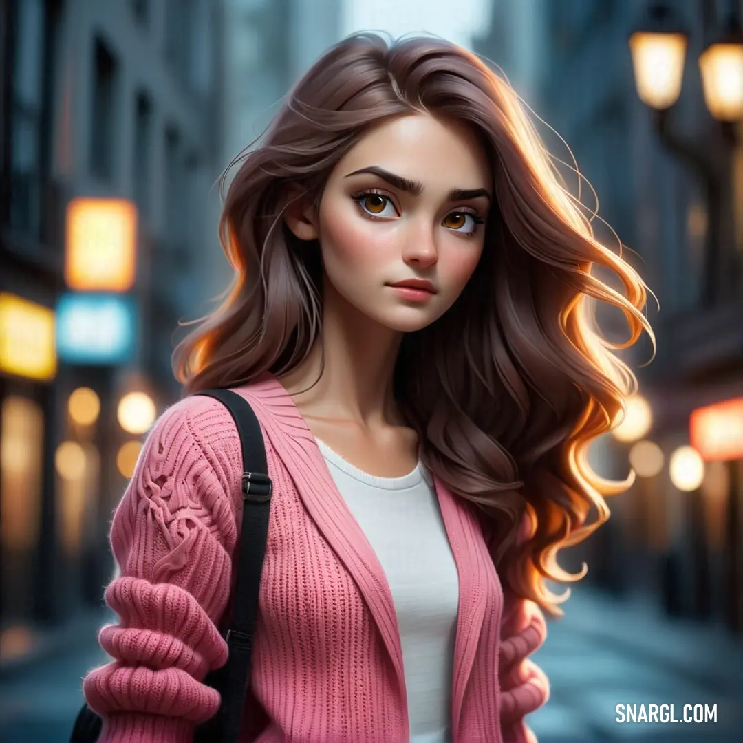 Woman with long hair and a pink cardigan is standing on a city street at night. Color Turkish rose.