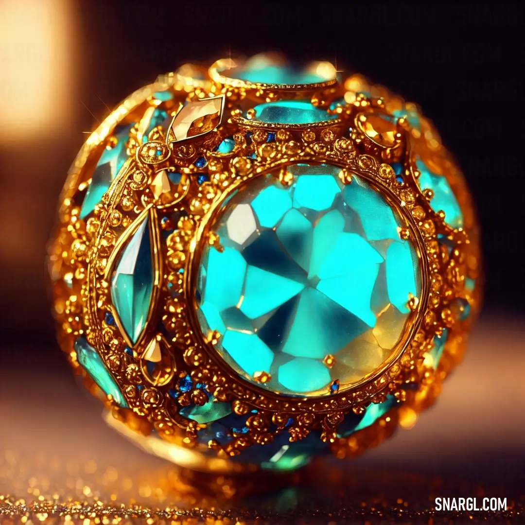 Blue and gold ring with a large center surrounded by smaller blue and gold jewels on a table top
