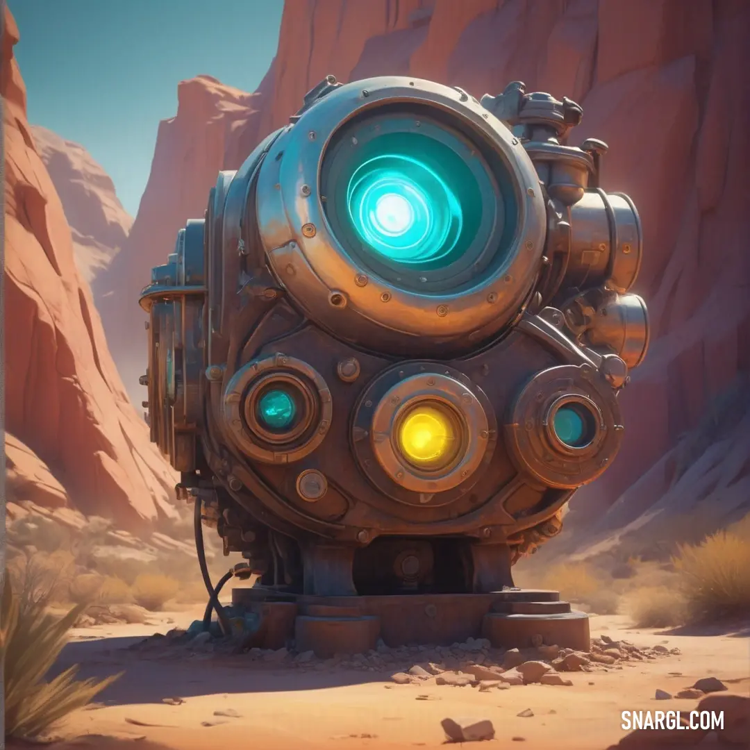Futuristic looking object in the desert with a bright light on it's face and eyes. Color RGB 0,255,239.
