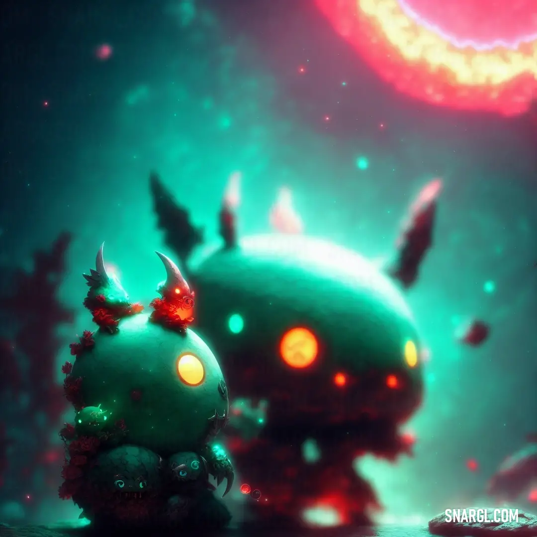 Green alien with glowing eyes and a red nose standing next to a red and green object in a dark space