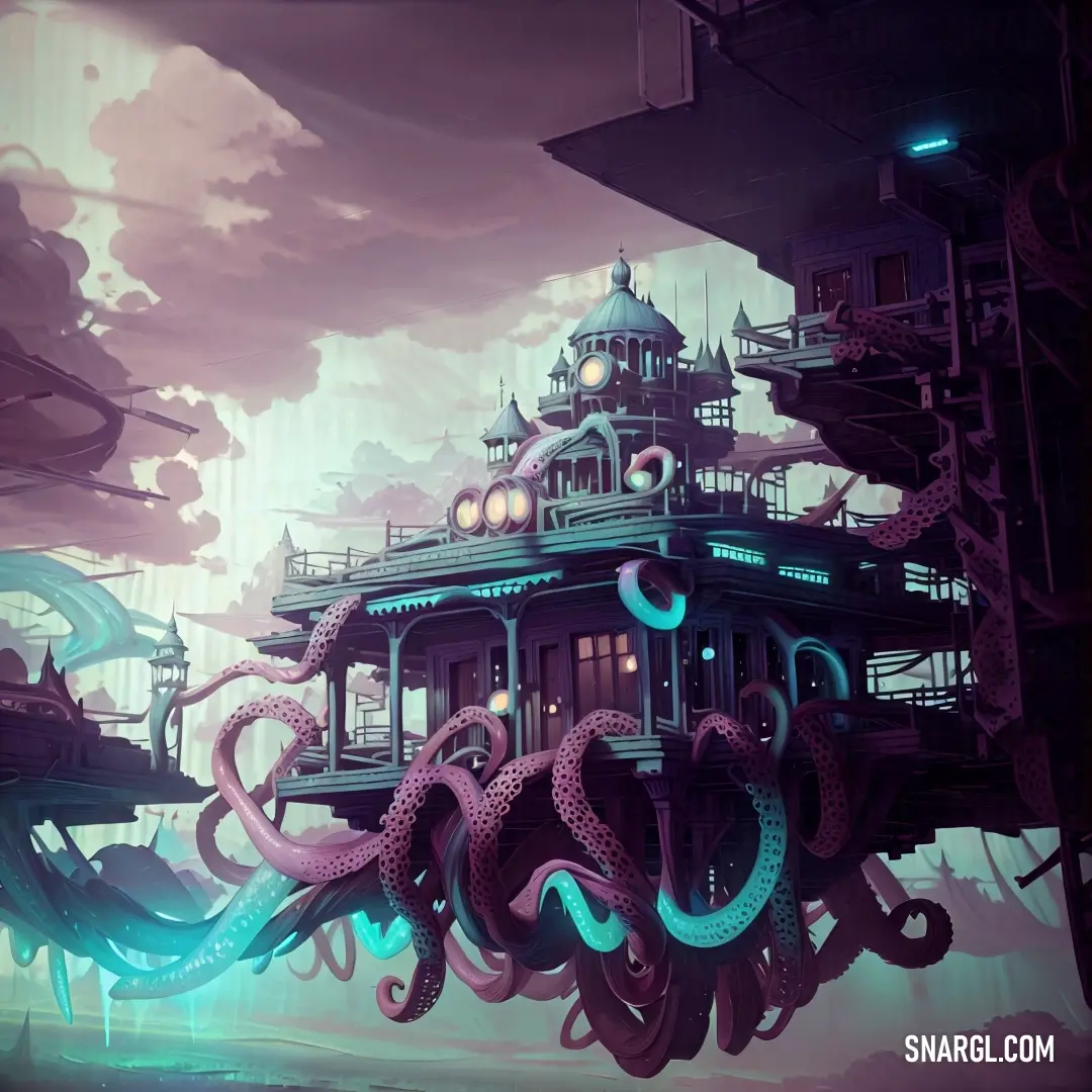 Large octopus is floating in front of a building with a clock tower on top of it's roof