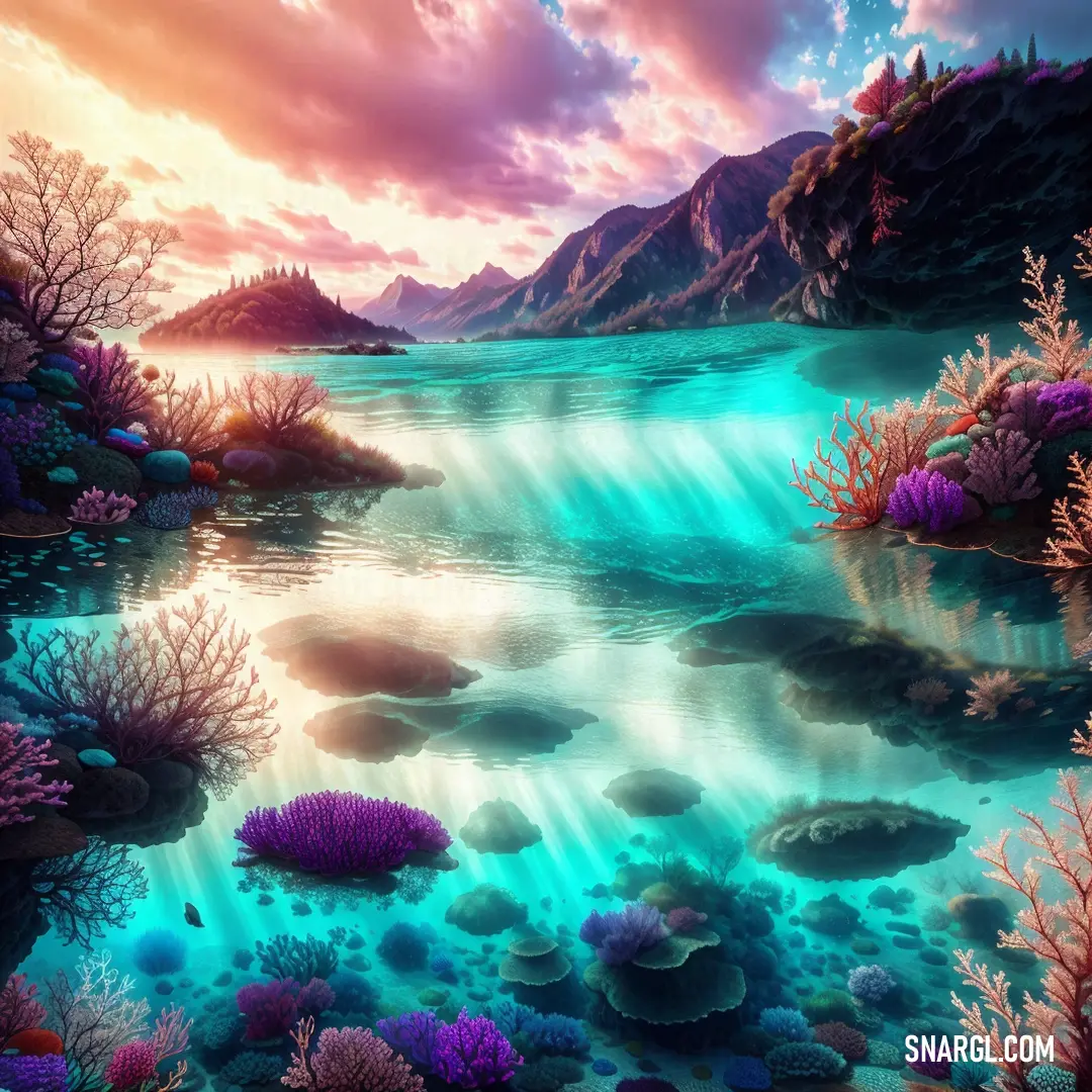 Painting of a beautiful ocean scene with corals and other marine life in the water