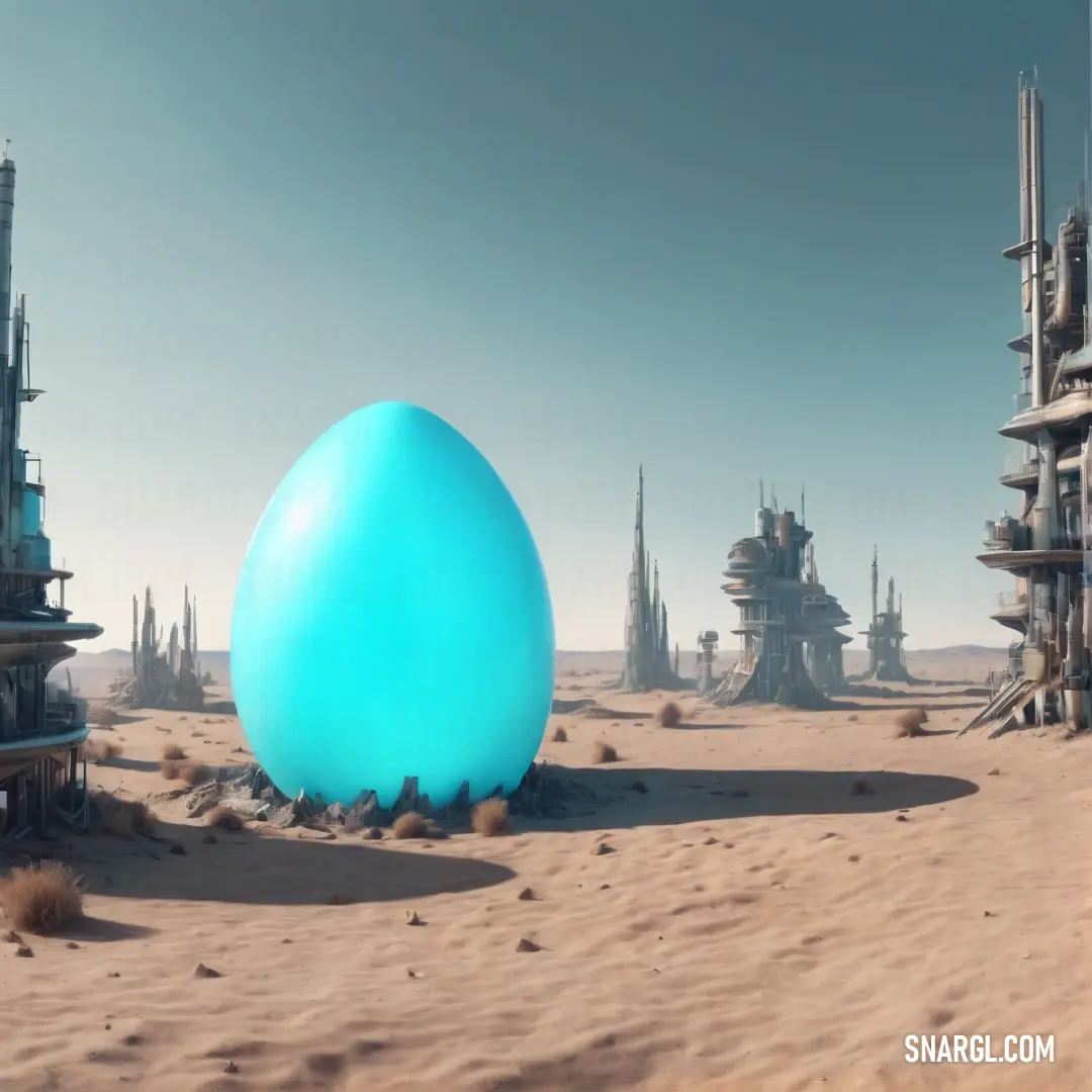 Blue egg in the middle of a desert area with a city in the background. Color Turquoise blue.