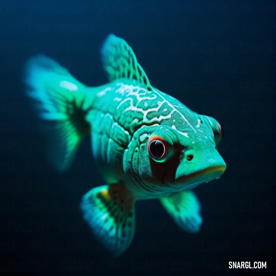 Fish with a red eye is swimming in the water with dark blue background. Color RGB 0,255,239.
