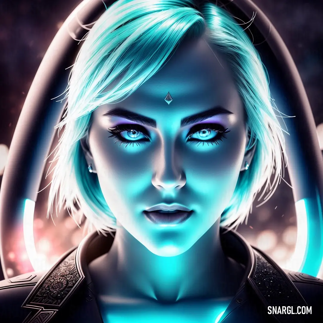 Woman with blue eyes and a futuristic look on her face