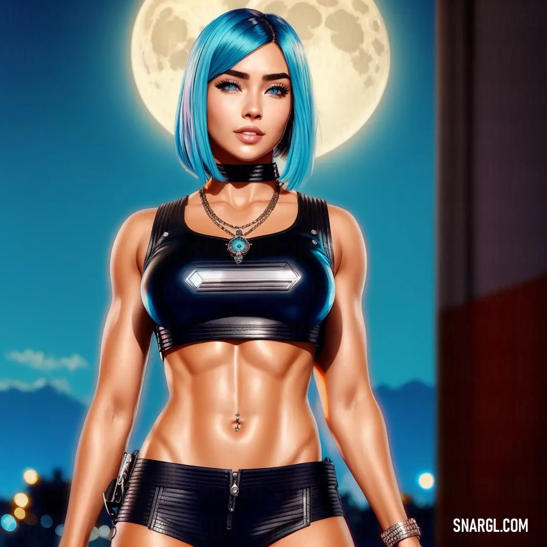Woman with blue hair and a black top is standing in front of a full moon and a city
