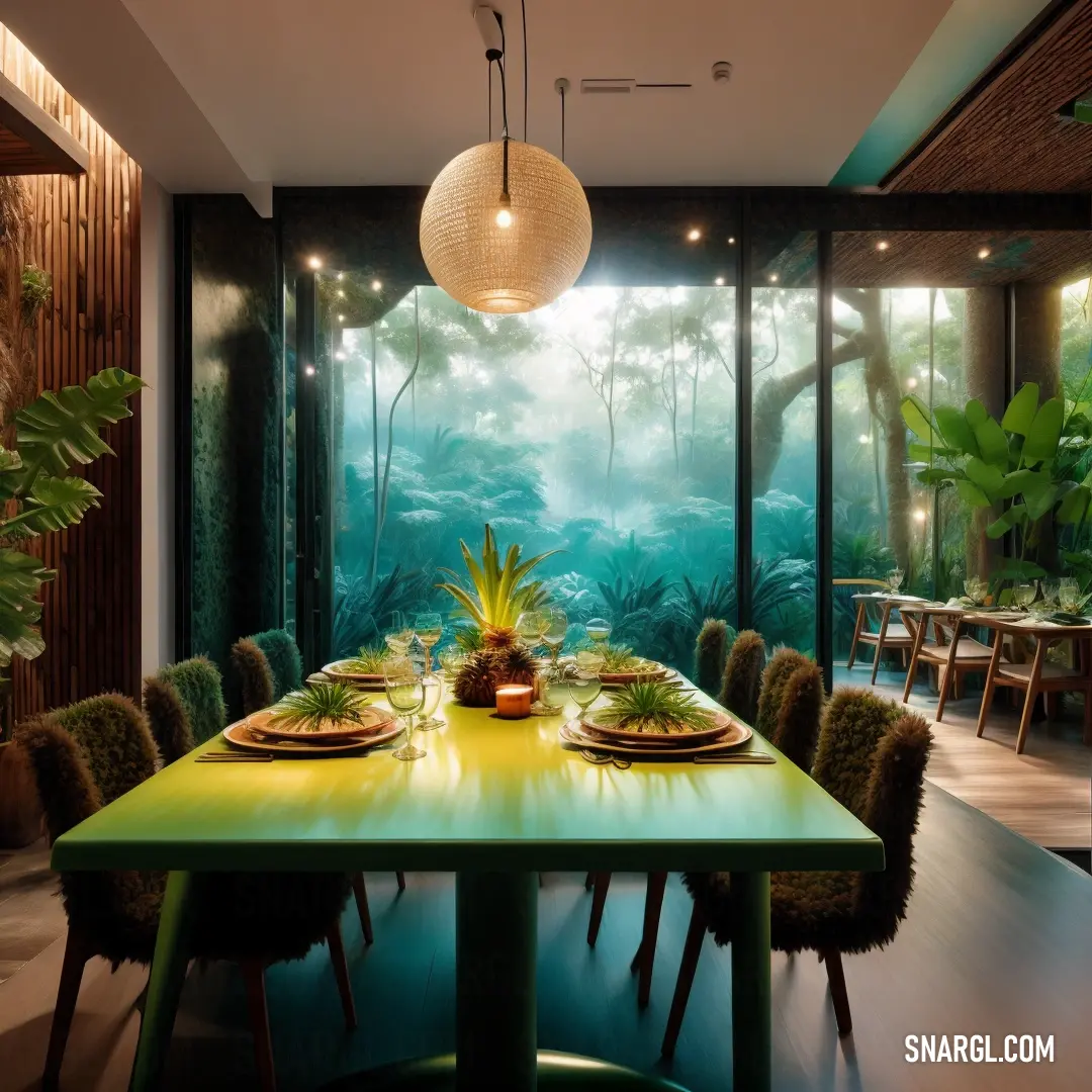 Dining room with a large painting of a forest on the wall and a table with place settings on it