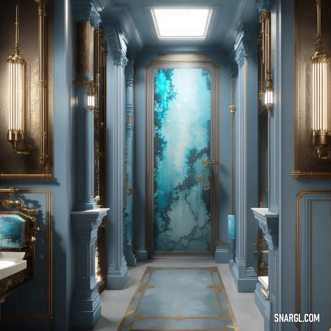 Very fancy looking bathroom with a blue wall and a gold trimming on the door and the walls