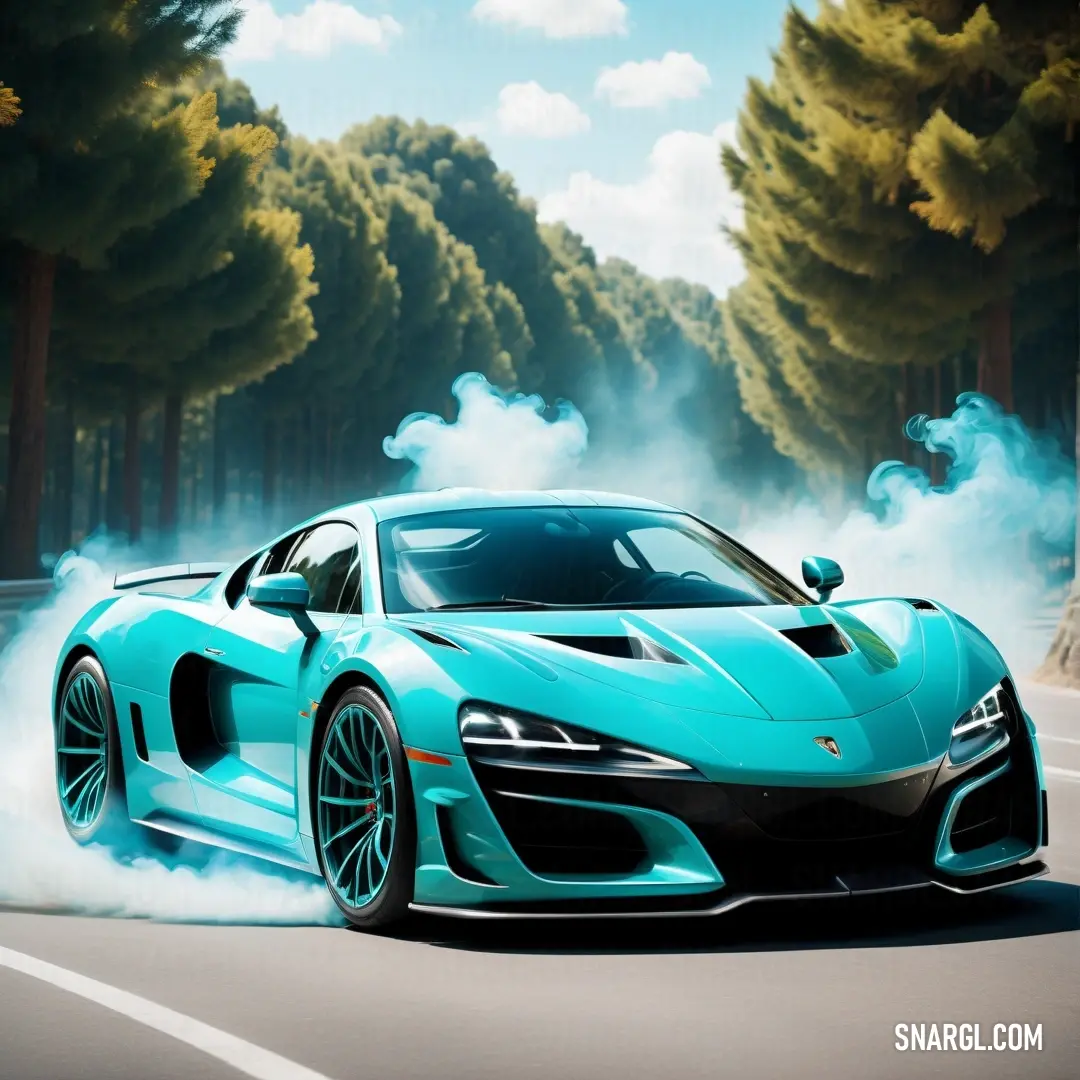 Blue sports car driving down a road with smoke coming out of it's tires and the hood. Example of CMYK 77,0,6,16 color.