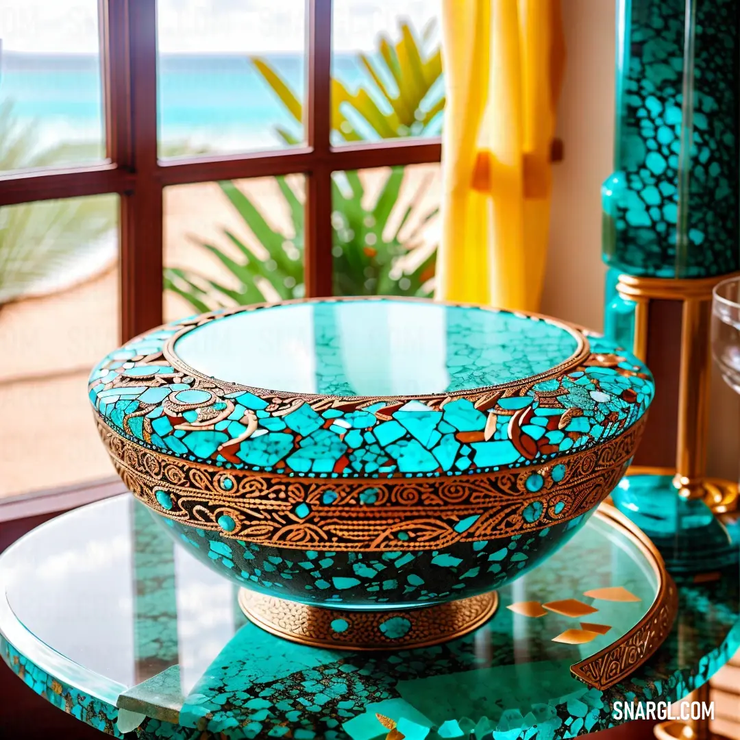 Bowl on top of a glass table next to a window with a view of the ocean outside