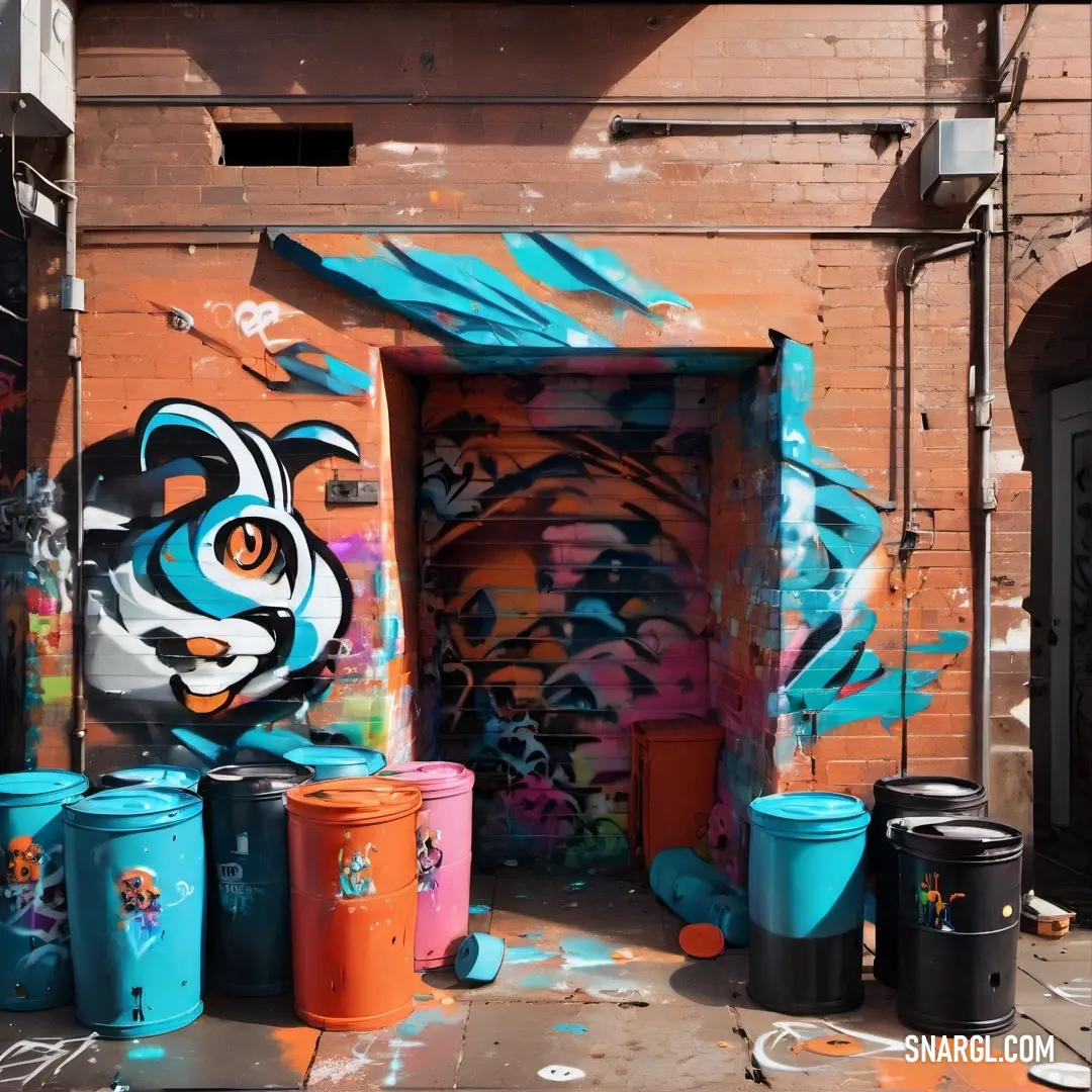 Bunch of trash cans are outside of a building with graffiti on it and a door with a tiger face. Example of Turquoise color.
