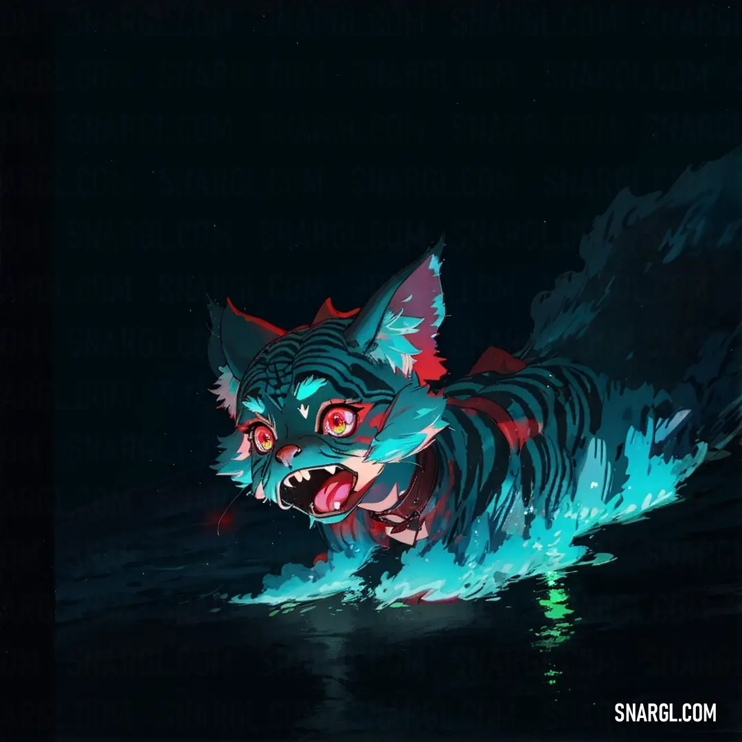 Cat with red eyes and a black background is in the water with a green glow on its face. Example of CMYK 77,0,6,16 color.