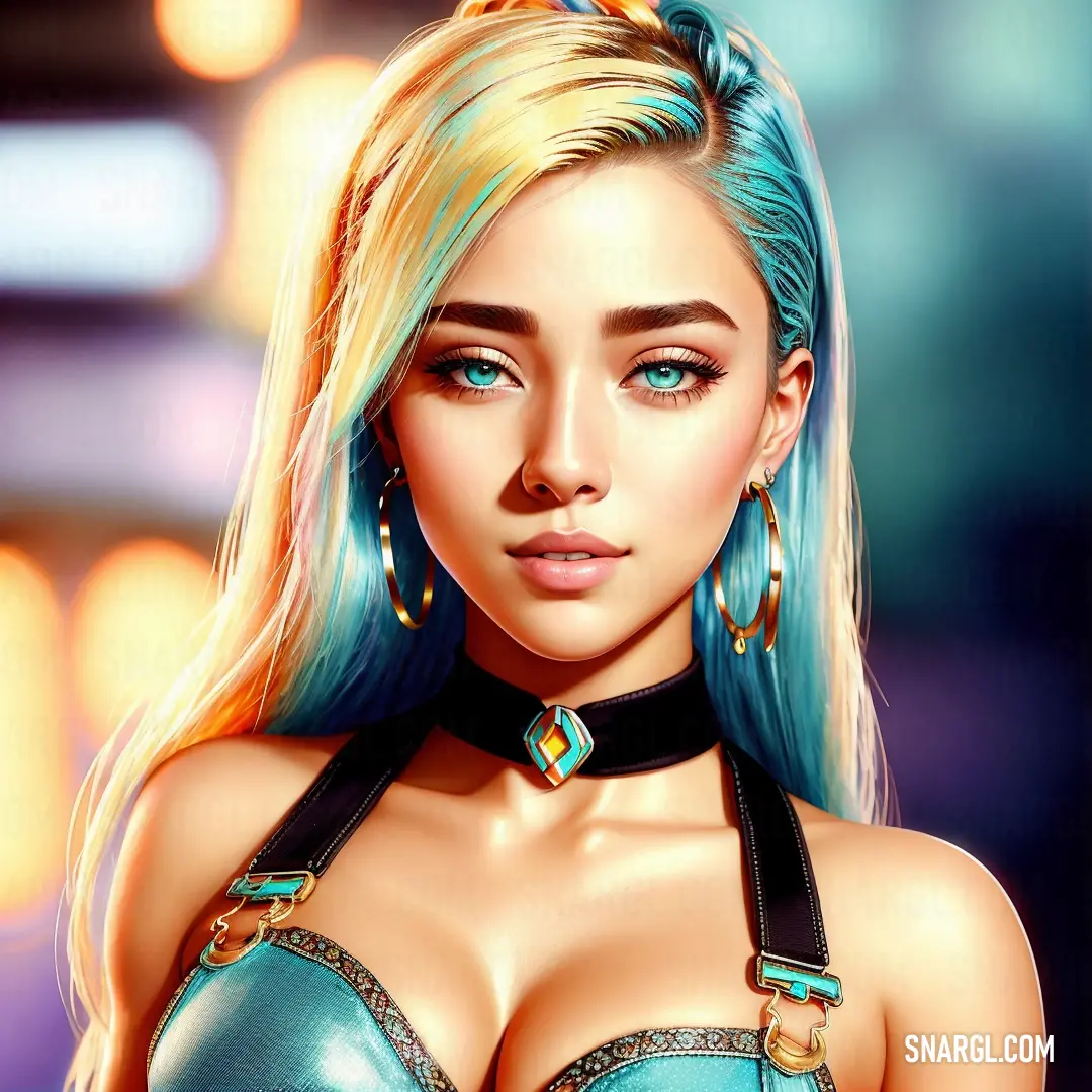 Digital painting of a woman with blue hair and a blue bra top with a black choker around her neck