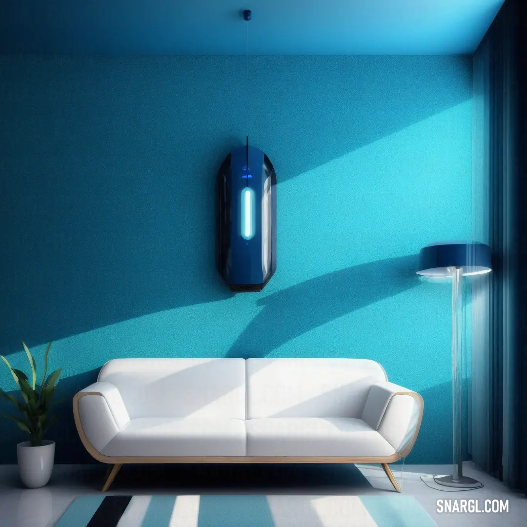 RGB 48,213,200. Living room with a white couch and a blue wall with a mirror on it and a plant in the corner