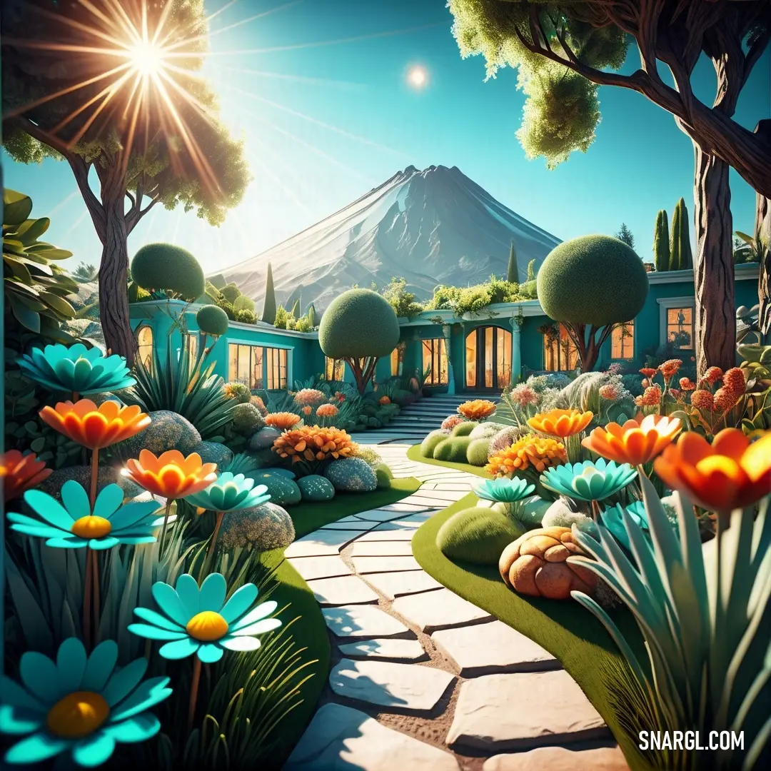 Painting of a garden with flowers and a mountain in the background with sun shining on the top of the mountain