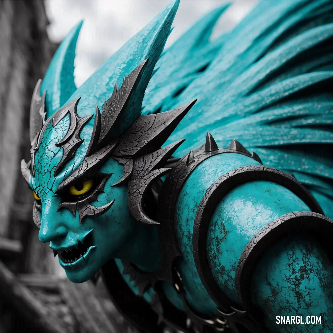 Statue of a demon with blue paint on it's face and wings on its head and body
